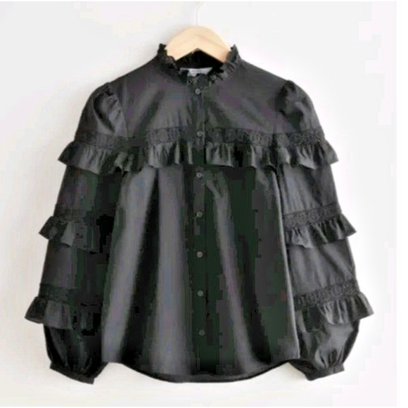 & Other Stories Black Gothic Embroidered Ruffle Collar Puff Sleeve Romantic Top - Picture 1 of 11